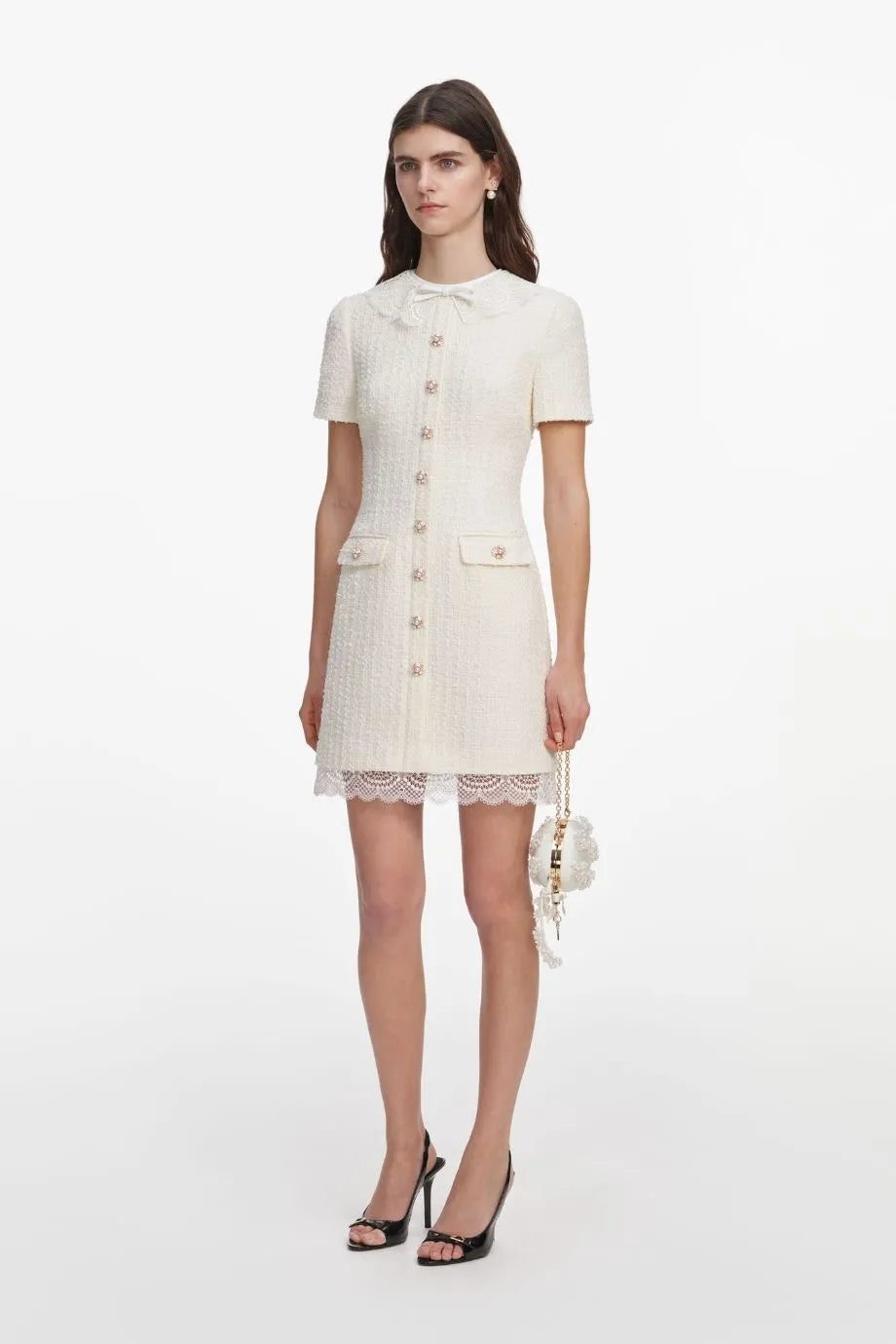 Boucle Short Sleeves Lace Trim Mini Dress in Cream