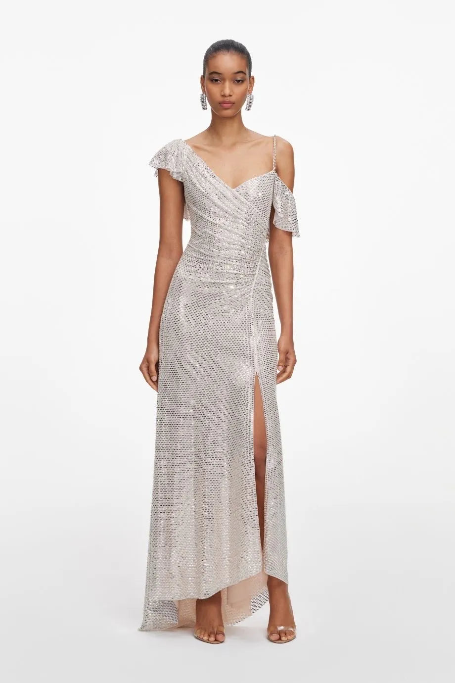 Rhinestones Ruffles Draped Evening Dress in Beige