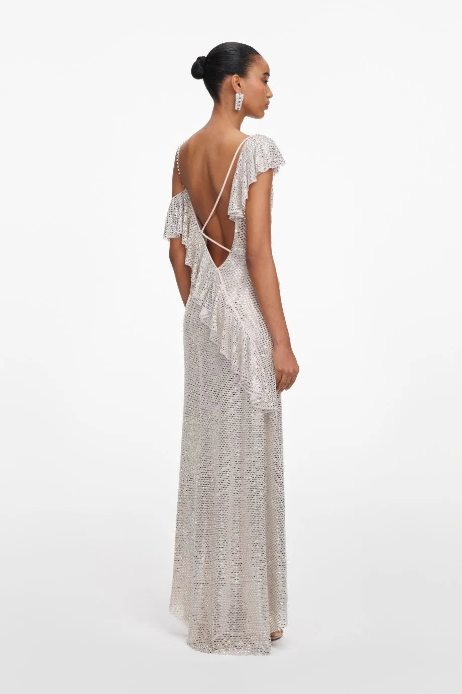 Rhinestones Ruffles Draped Evening Dress in Beige