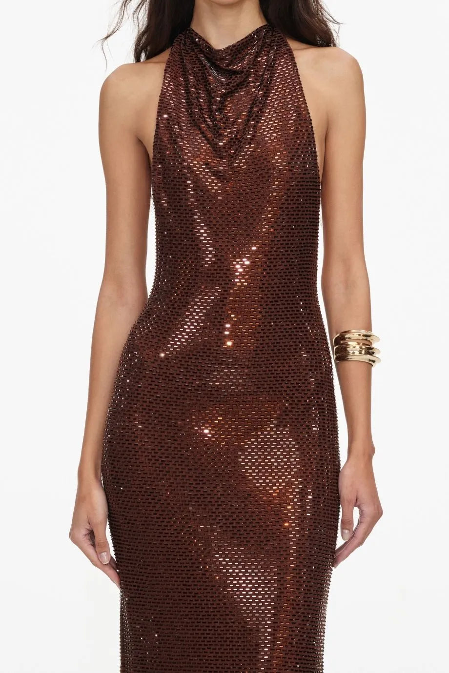 Rhinestones Racer Back Evening Dress in Brown