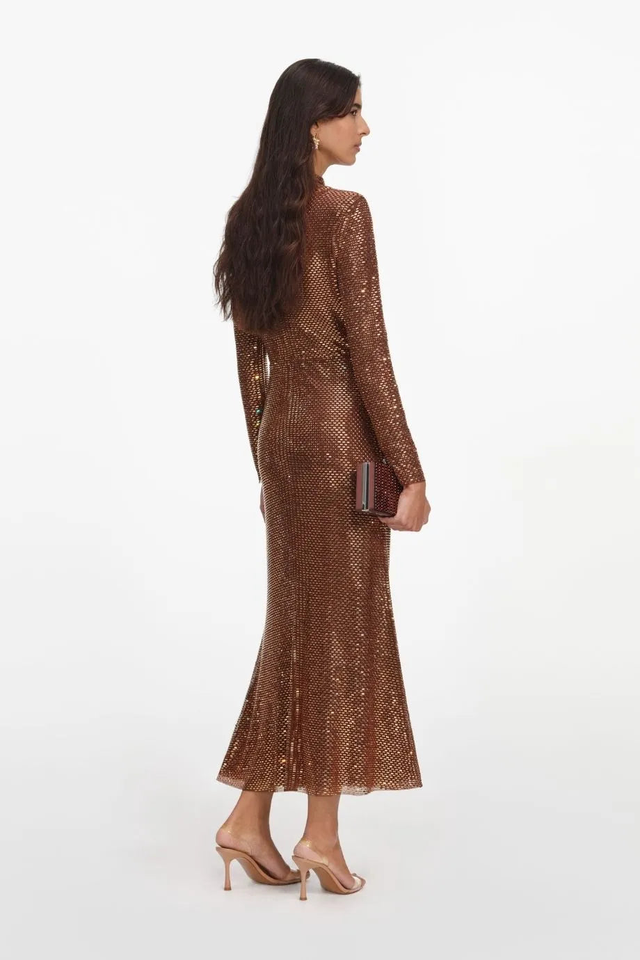 Long Sleeves Rhinestones Evening Dress in Brown