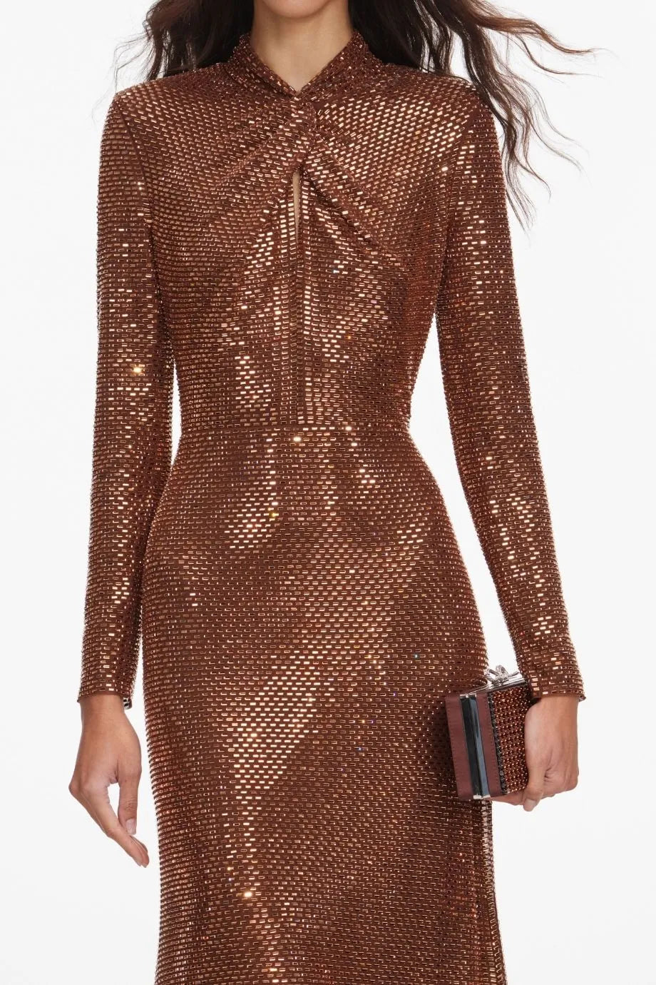 Long Sleeves Rhinestones Evening Dress in Brown