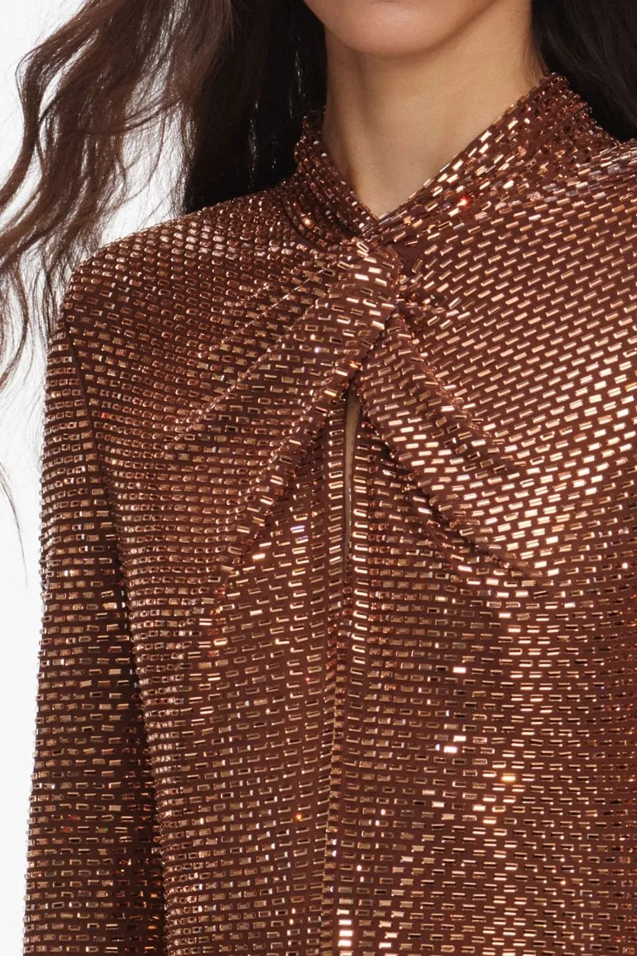 Long Sleeves Rhinestones Evening Dress in Brown