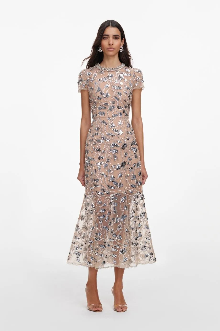 Sequin Collar Embellished Short Sleeves Evening Dress in Silver