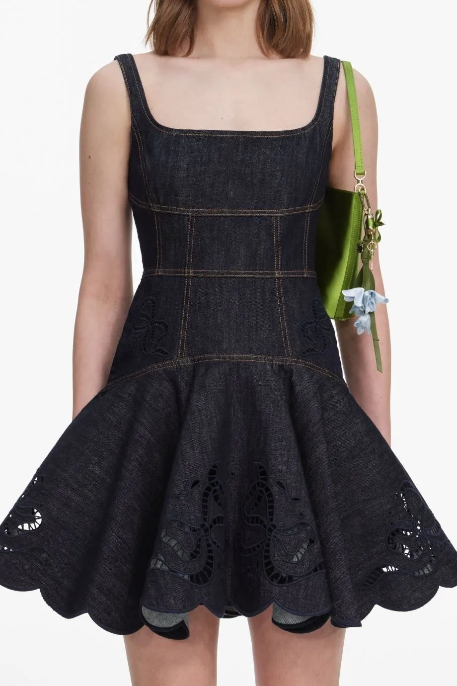 Denim Bow Embroidered Sleeveless Cotton Mini Dress in Blue