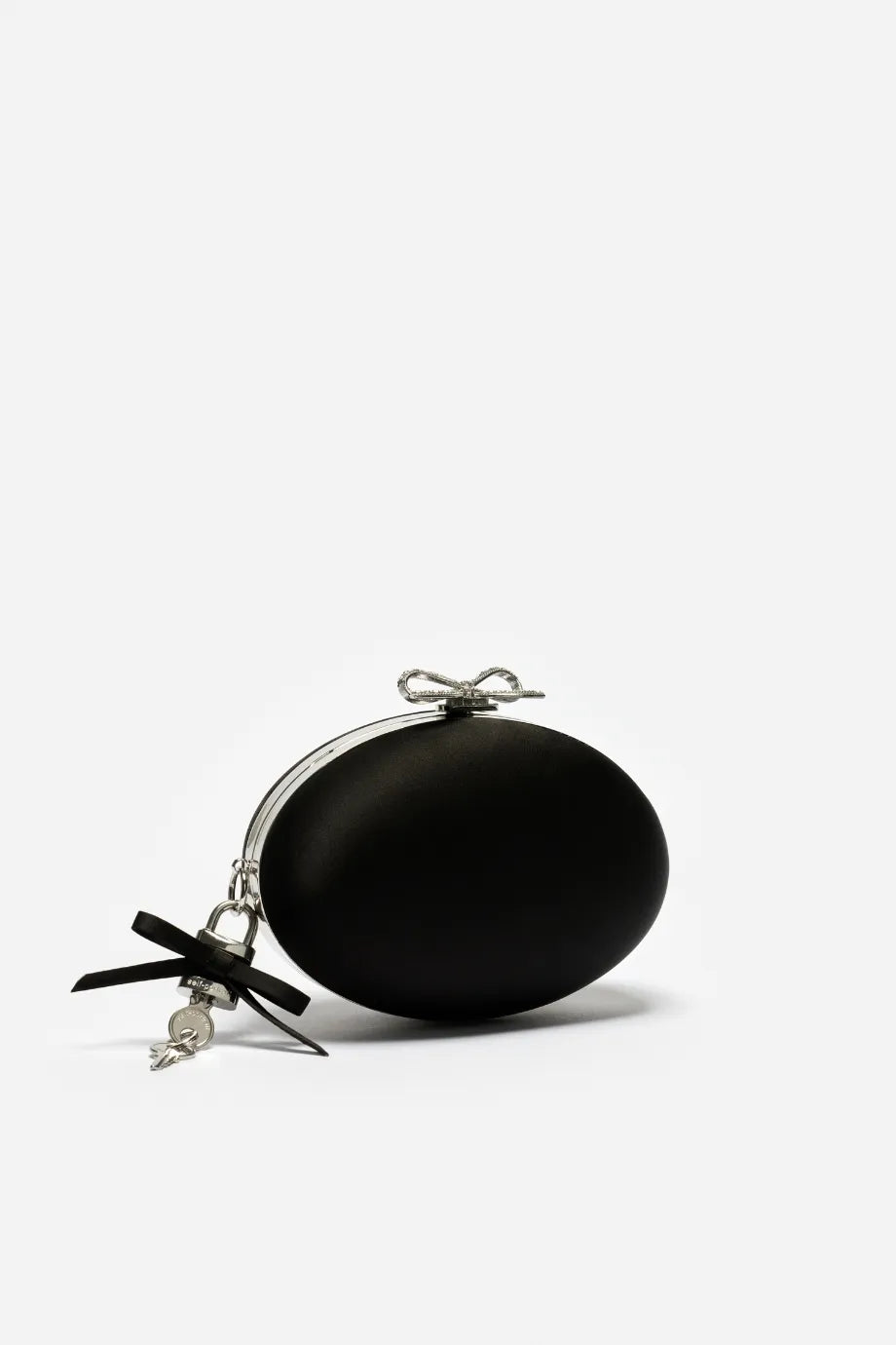 Bow Satin Oval Clutch Bag in Black
