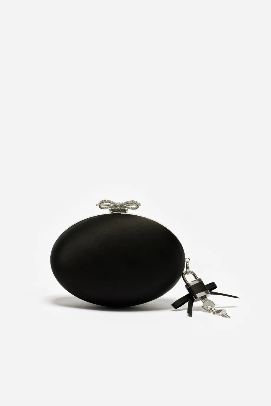 Bow Satin Oval Clutch Bag in Black