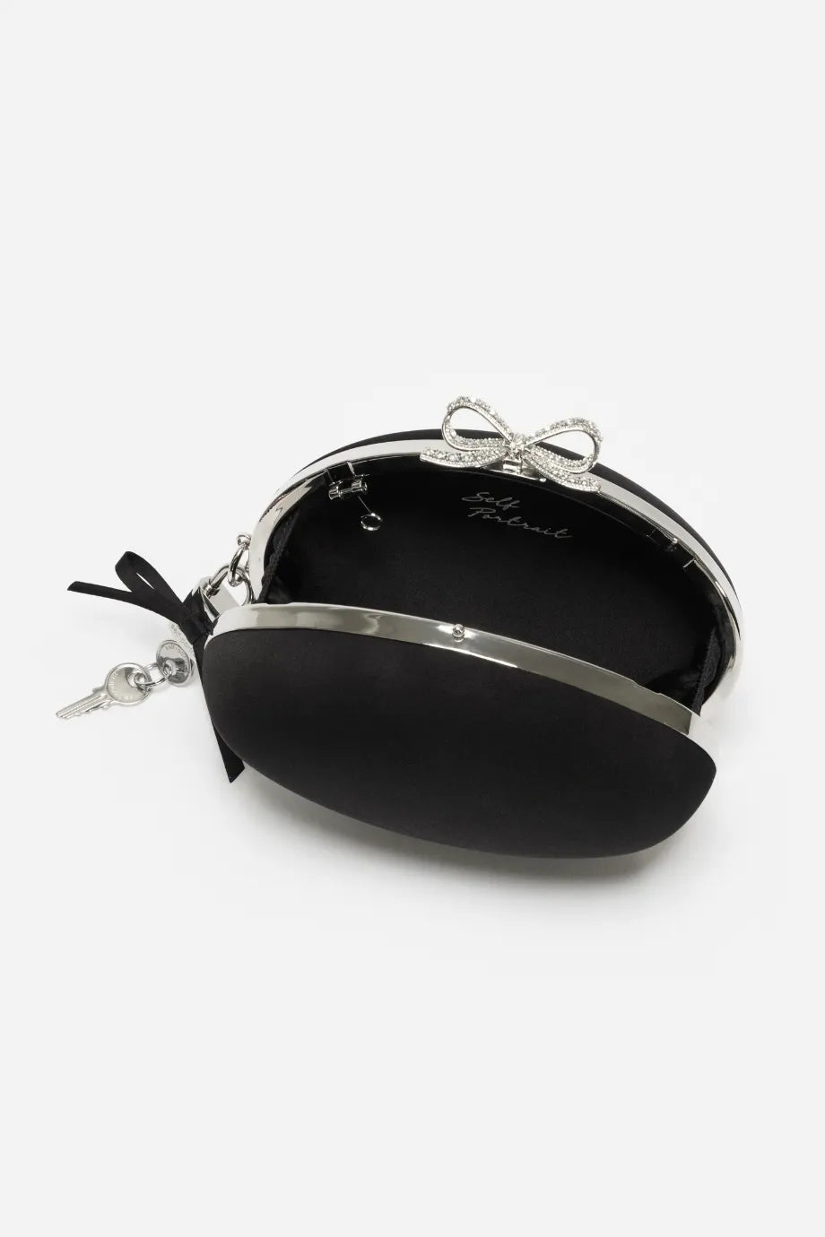Bow Satin Oval Clutch Bag in Black