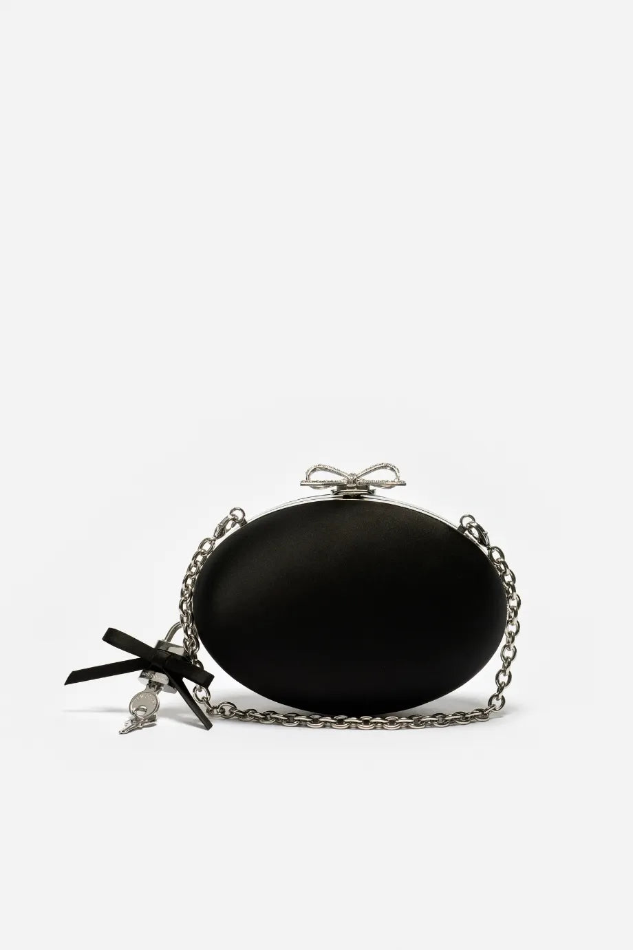 Bow Satin Oval Clutch Bag in Black