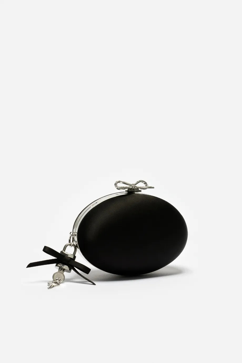 Bow Satin Oval Clutch Bag in Black