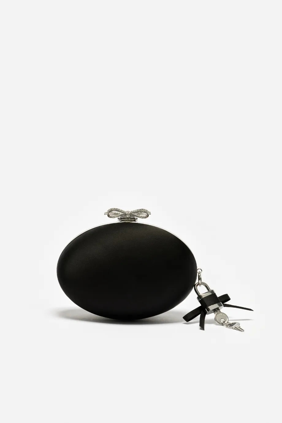 Bow Satin Oval Clutch Bag in Black