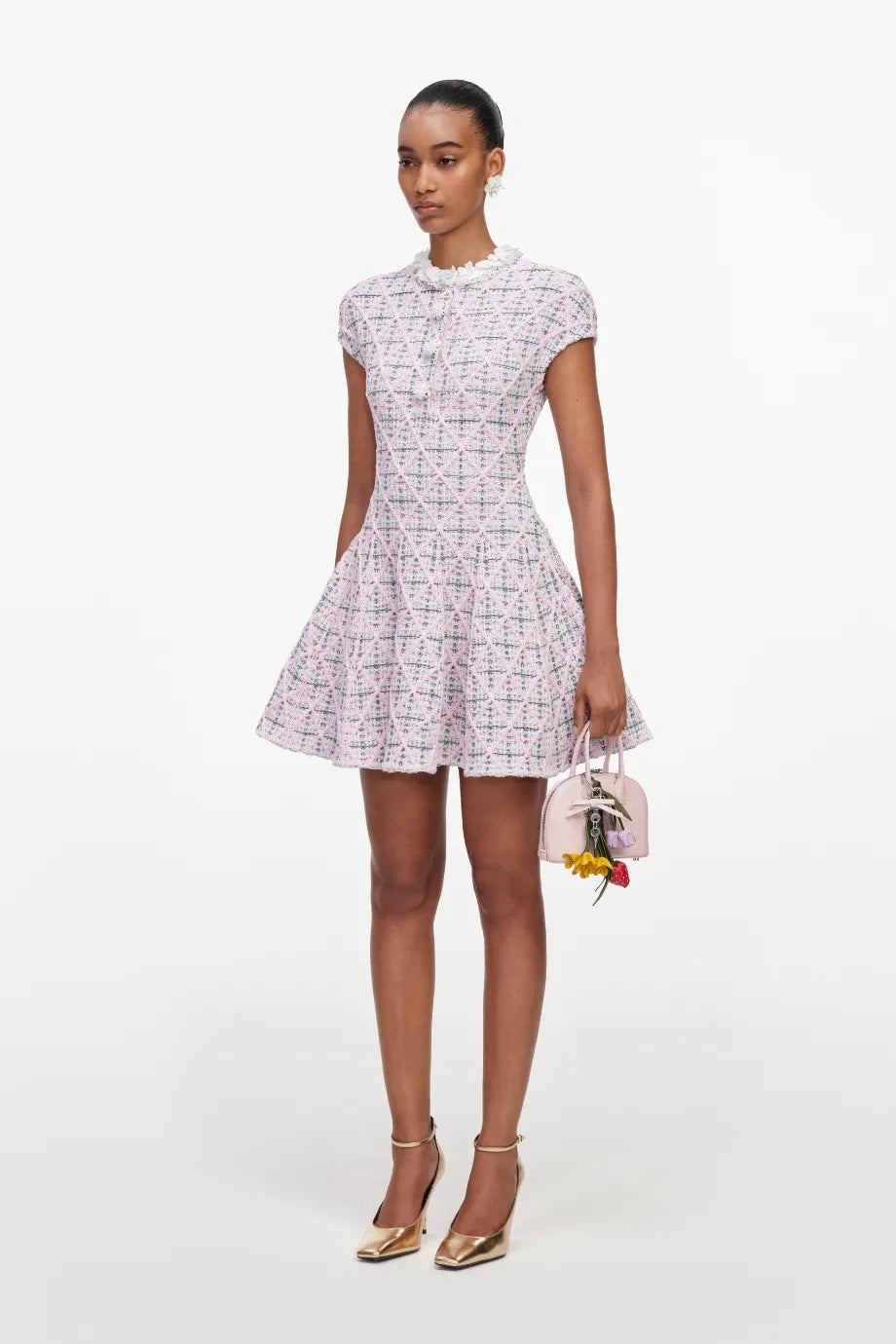 Check Knit Beaded Mini Dress in Pink