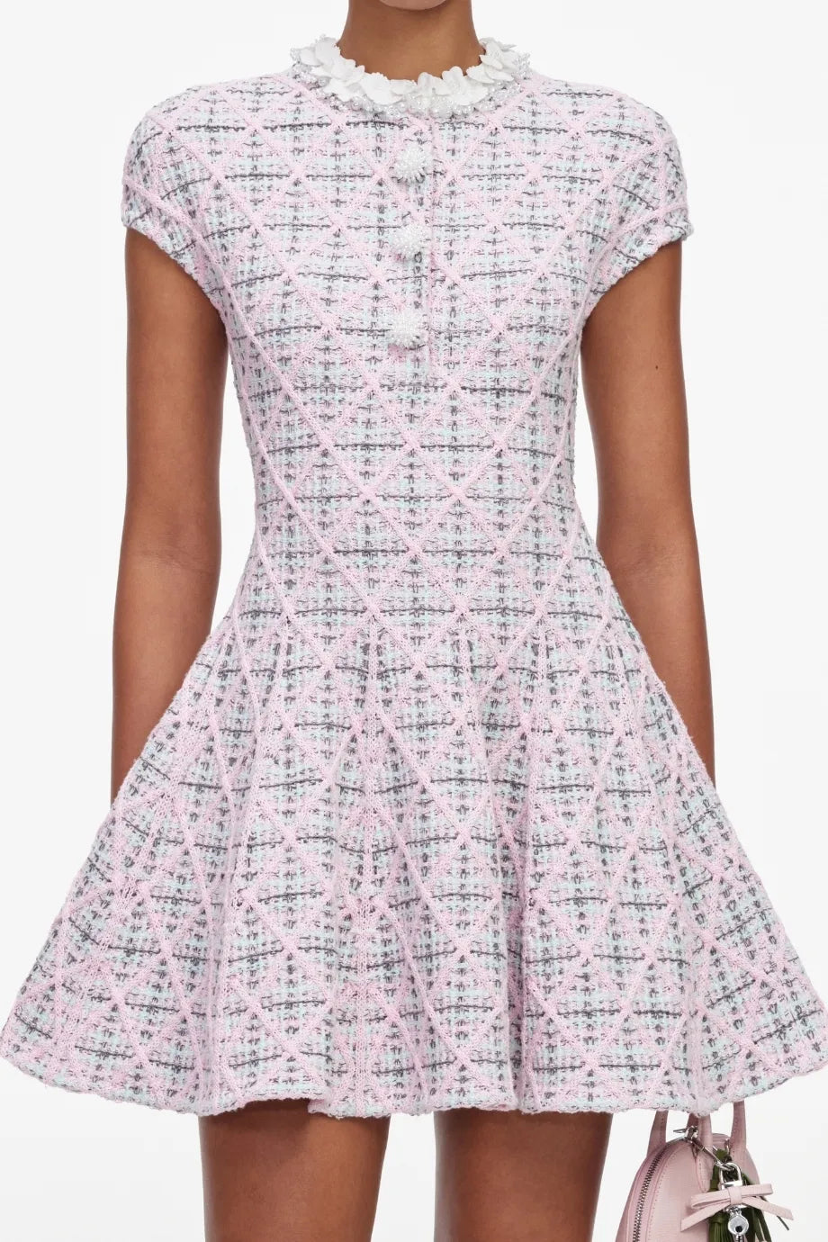 Check Knit Beaded Mini Dress in Pink
