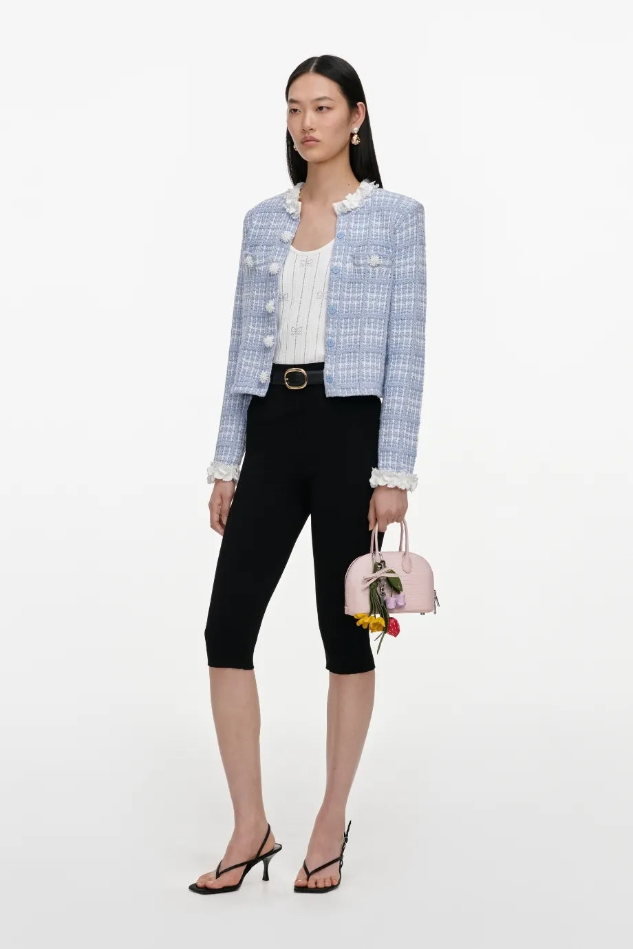 Check Knit Beaded Jacket in Blue