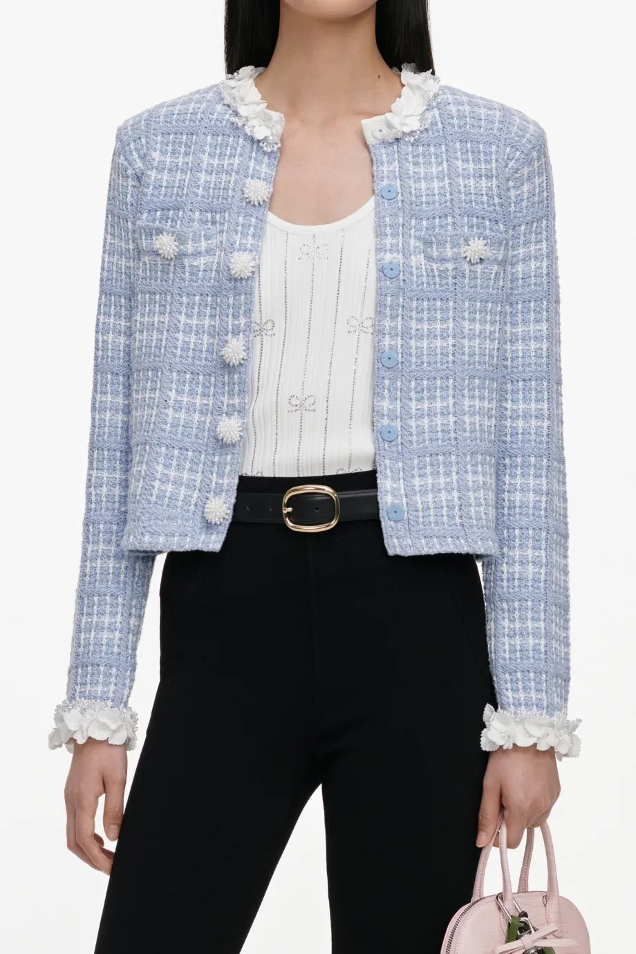 Check Knit Beaded Jacket in Blue
