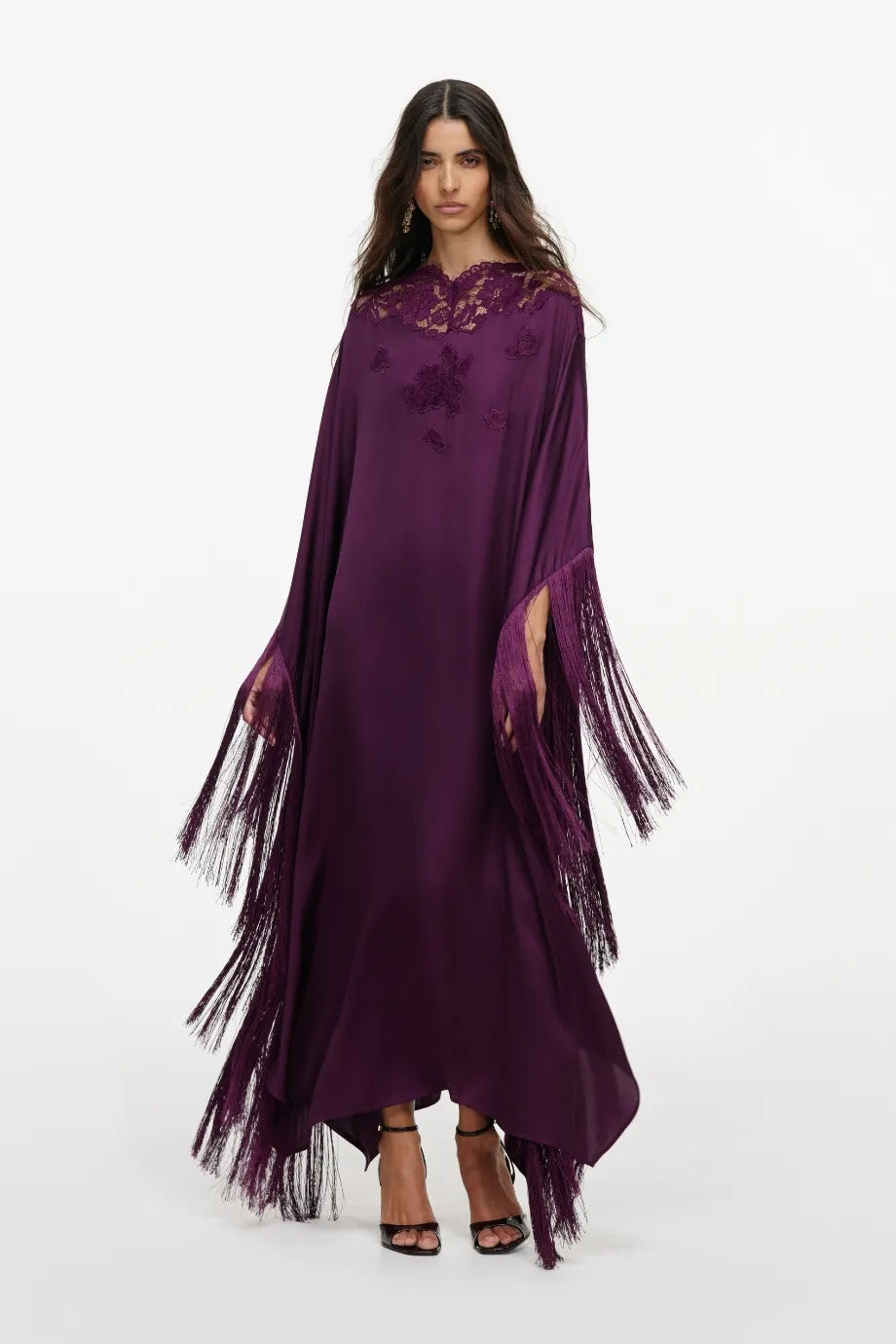 Satin Fringes Maxi Kaftan in Purple