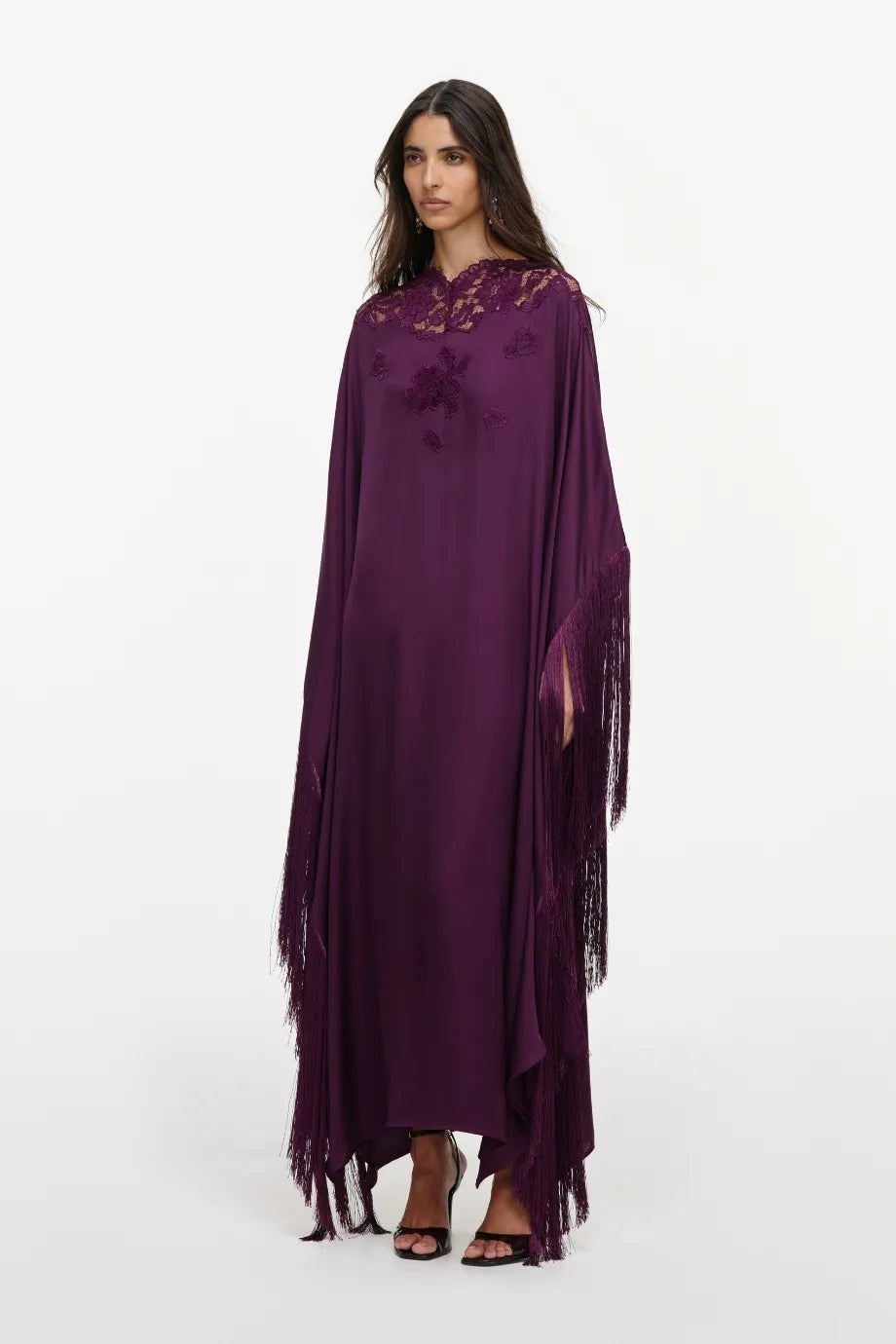 Satin Fringes Maxi Kaftan in Purple