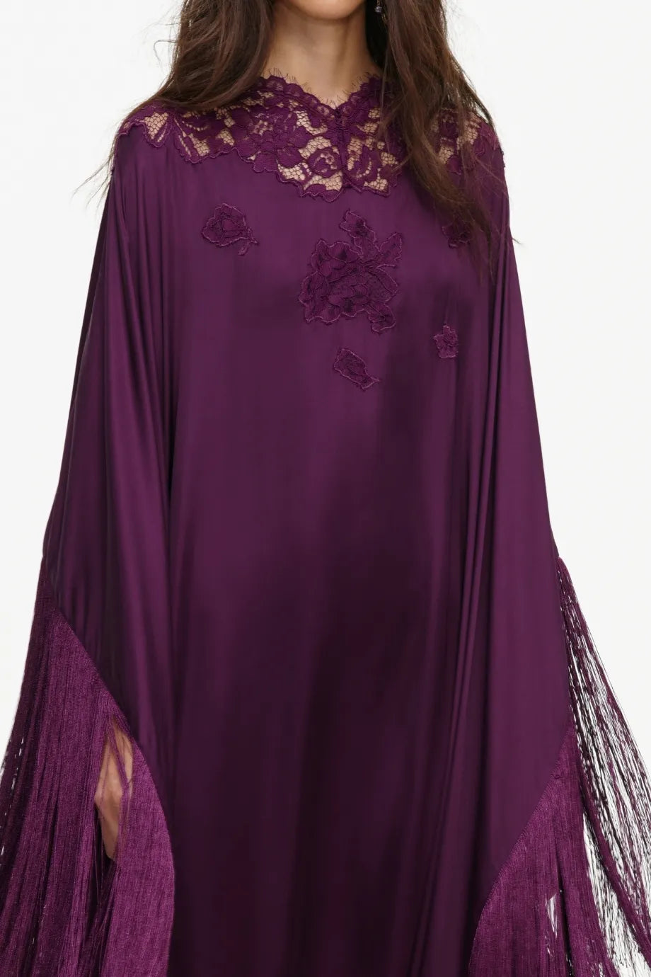 Satin Fringes Maxi Kaftan in Purple