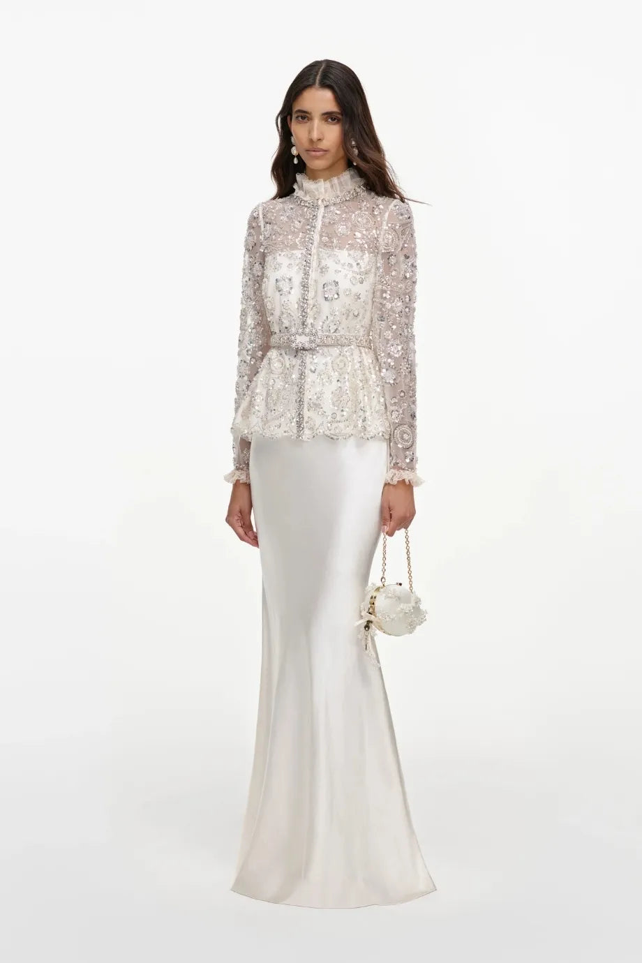Belted Sequins Embellished Satin Maxi Dress in Cream