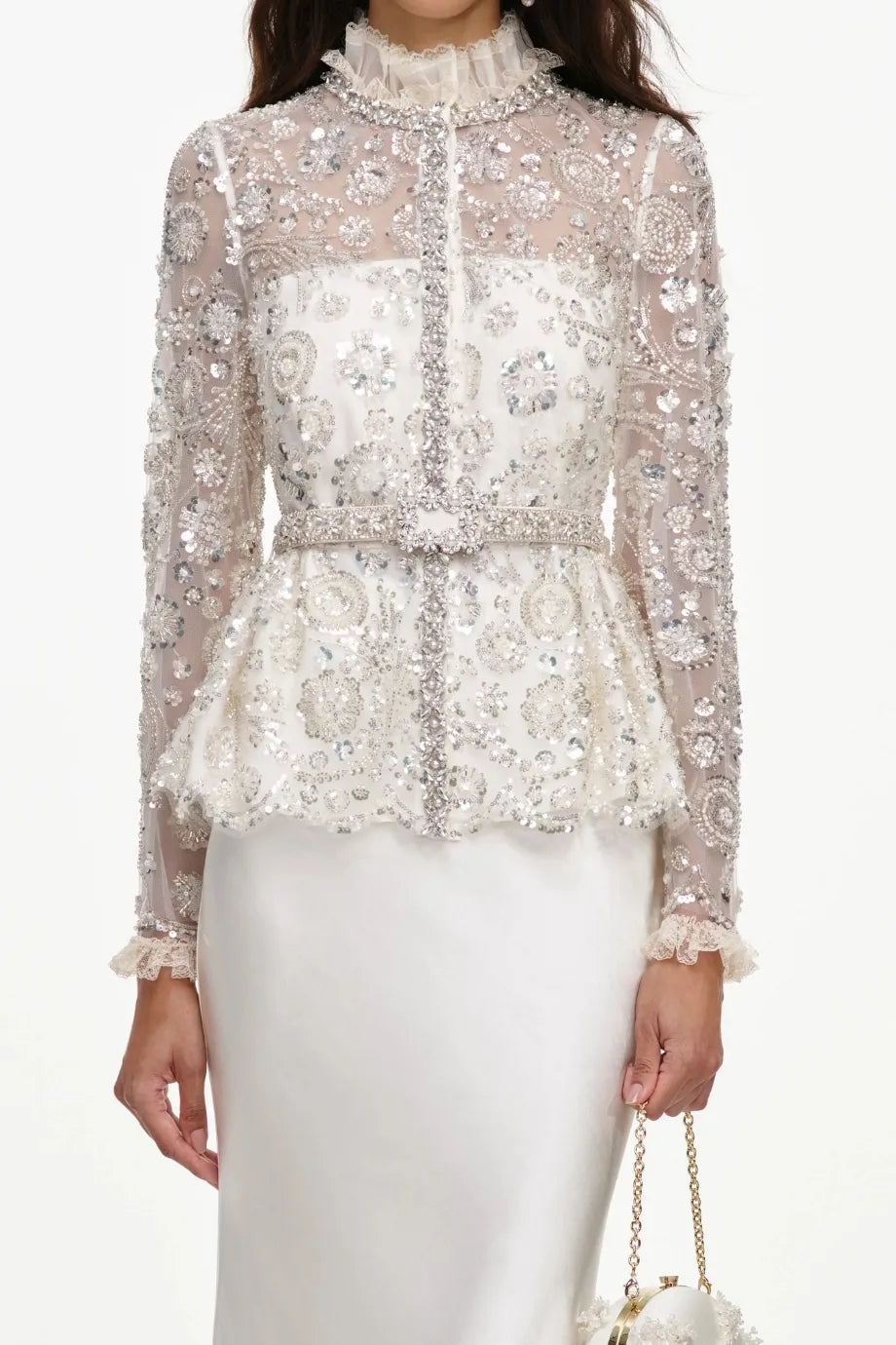 Belted Sequins Embellished Satin Maxi Dress in Cream