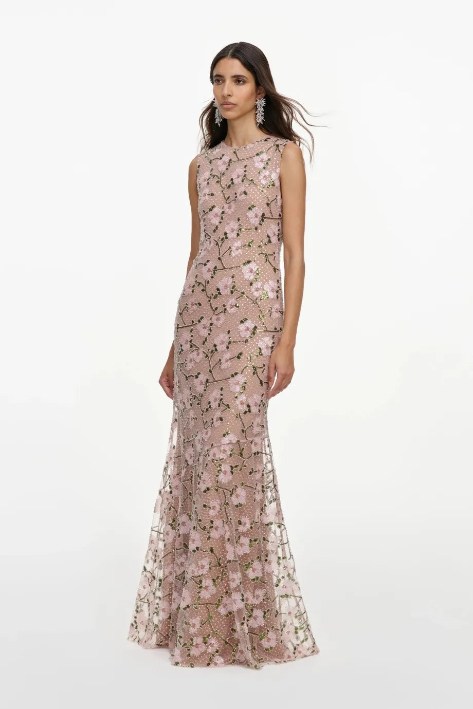 Floral Rhinestones Sequins Mesh Maxi Dress in Pink