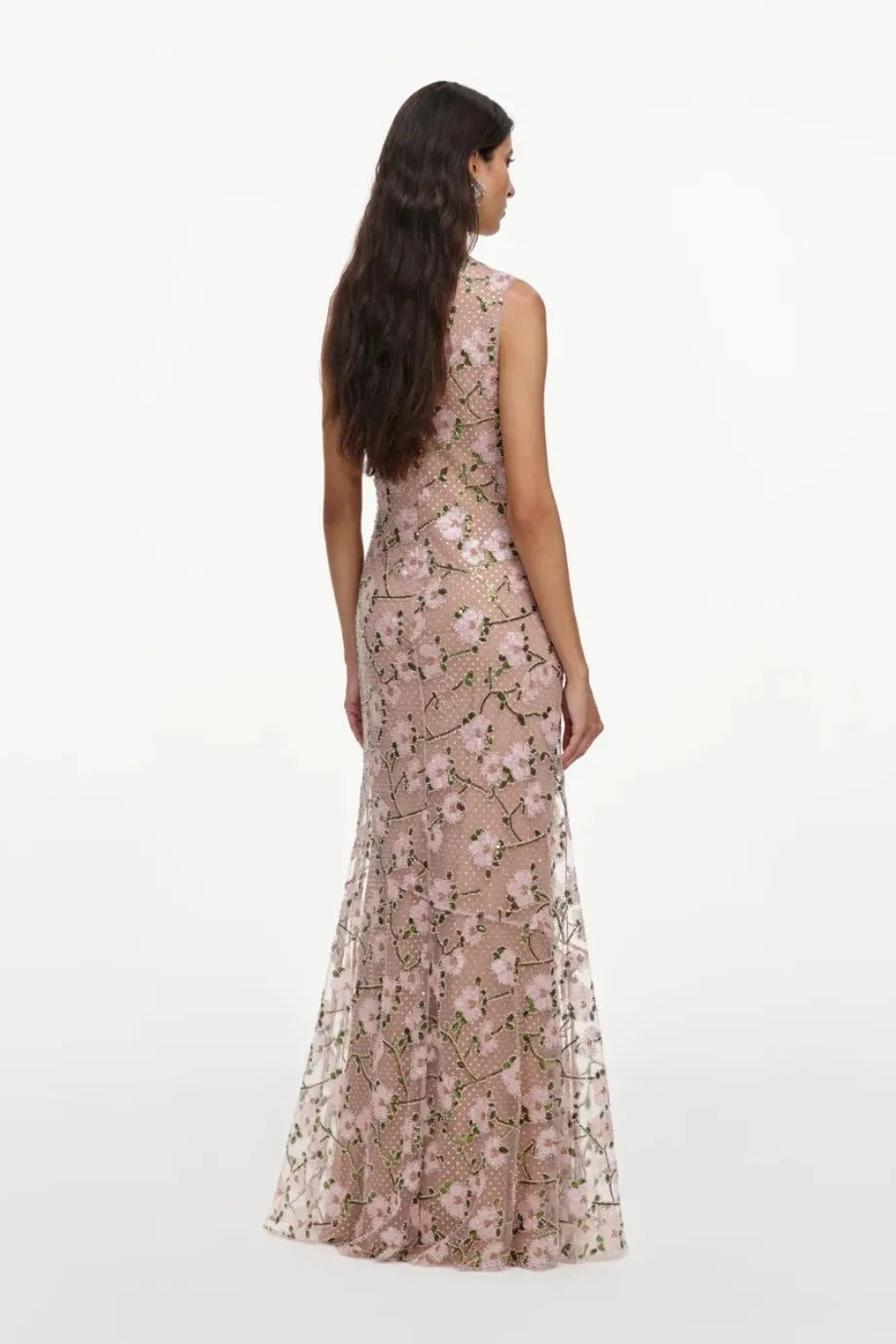 Floral Rhinestones Sequins Mesh Maxi Dress in Pink
