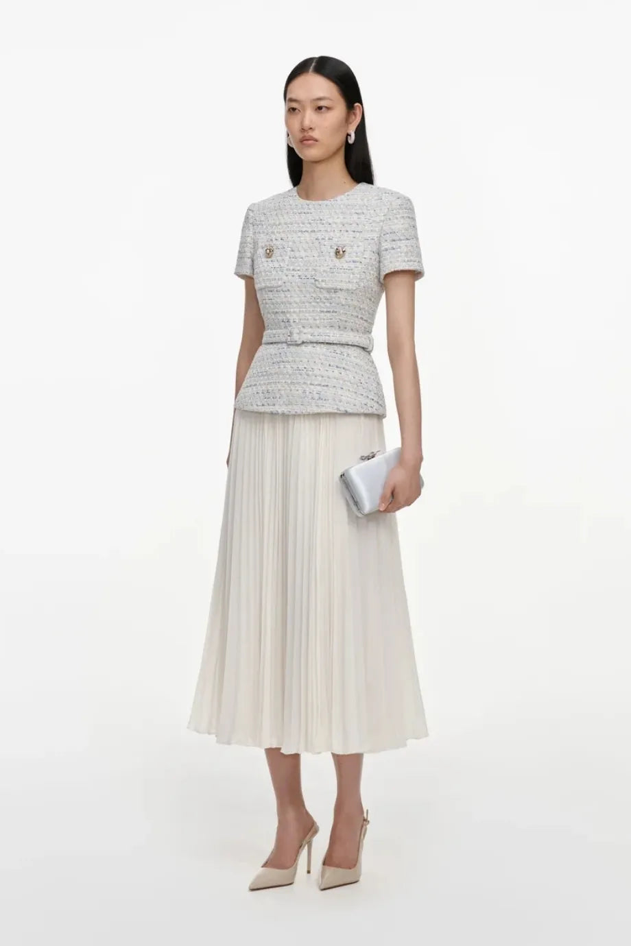 Boucle Chiffon Pleated Midi Dress in Blue