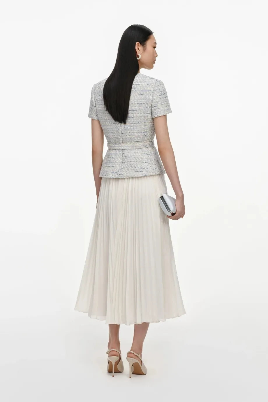 Boucle Chiffon Pleated Midi Dress in Blue