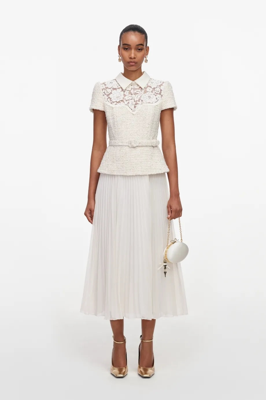 Belted Lace Boucle Midi Dress in Cream