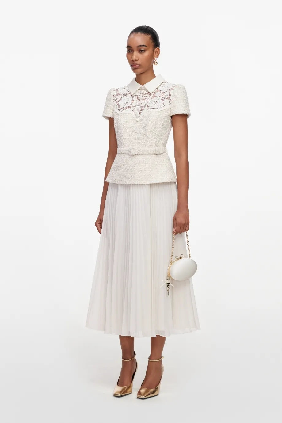 Belted Lace Boucle Midi Dress in Cream