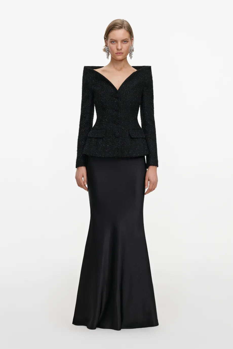 Metallic Boucle Satin Maxi Dress in Black