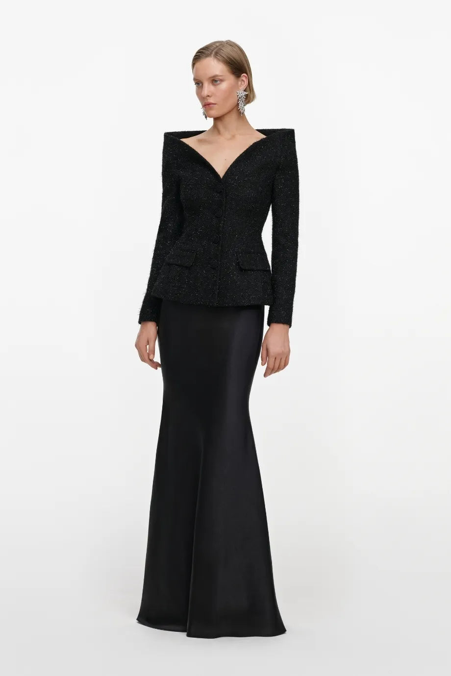 Metallic Boucle Satin Maxi Dress in Black