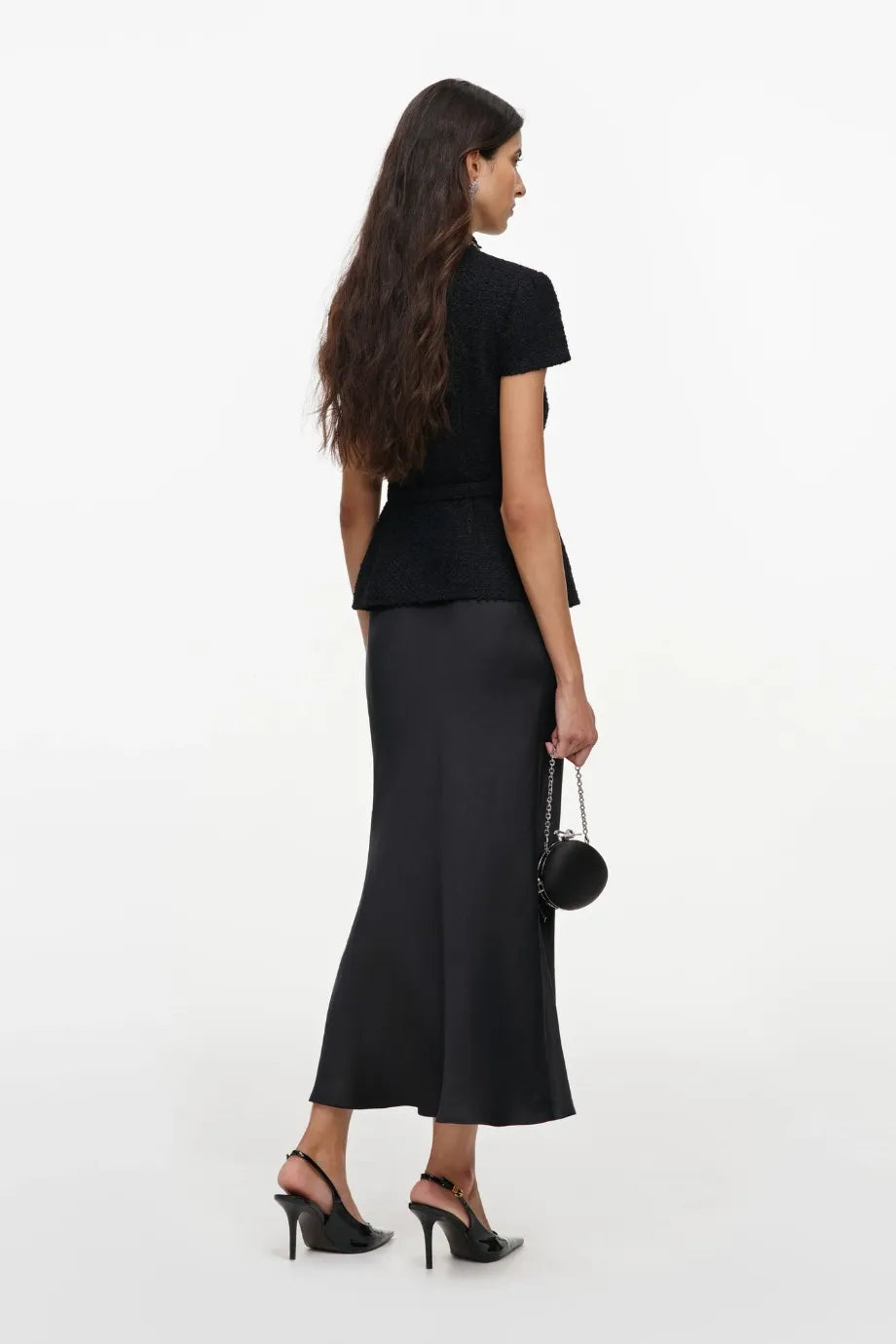 Boucle Crystals Trim Satin Midi Dress in Black