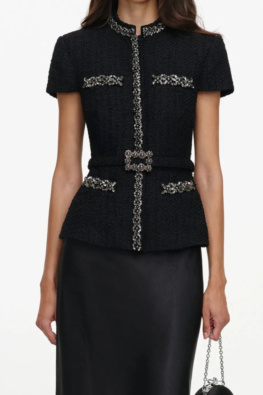 Boucle Crystals Trim Satin Midi Dress in Black