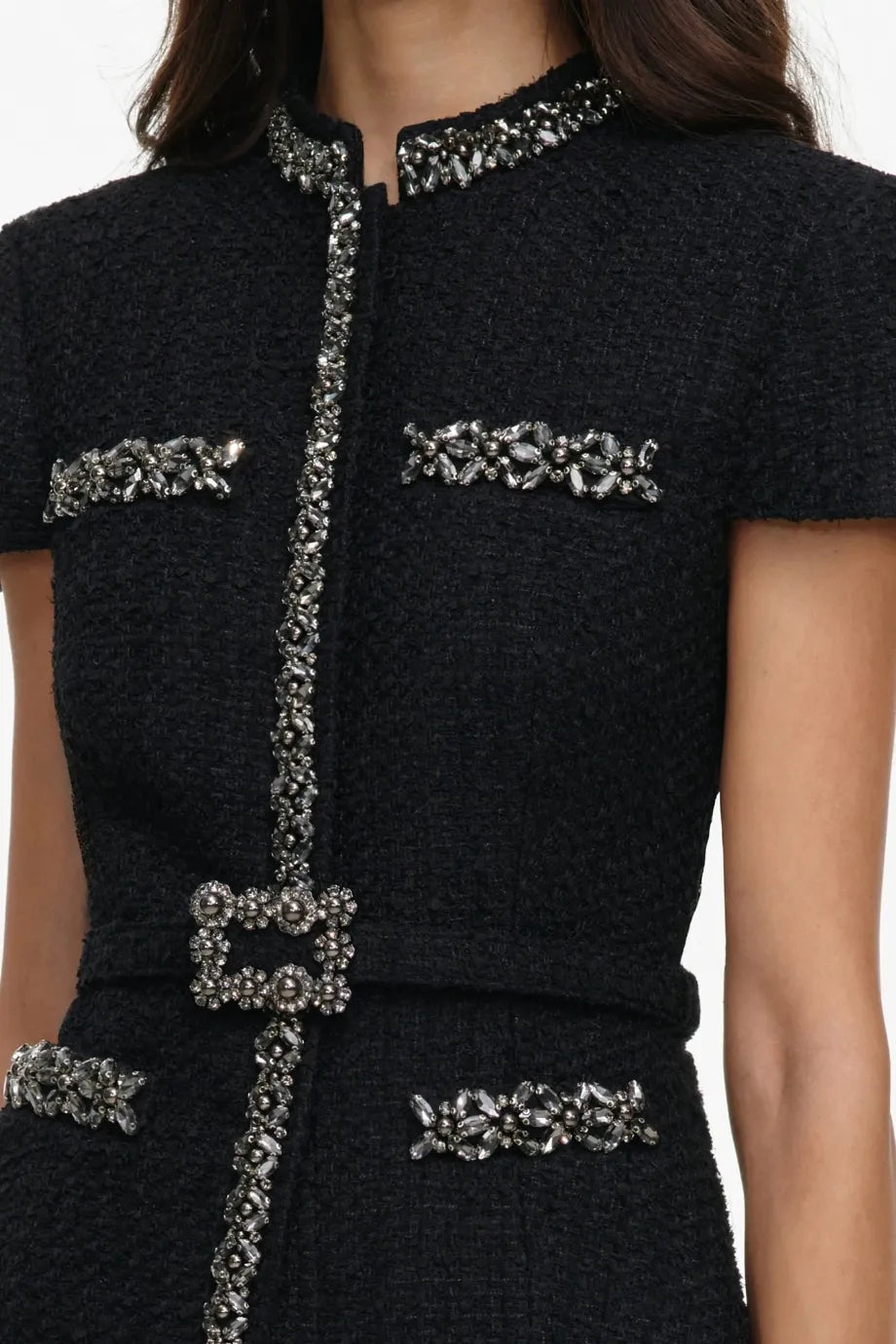 Boucle Crystals Trim Satin Midi Dress in Black