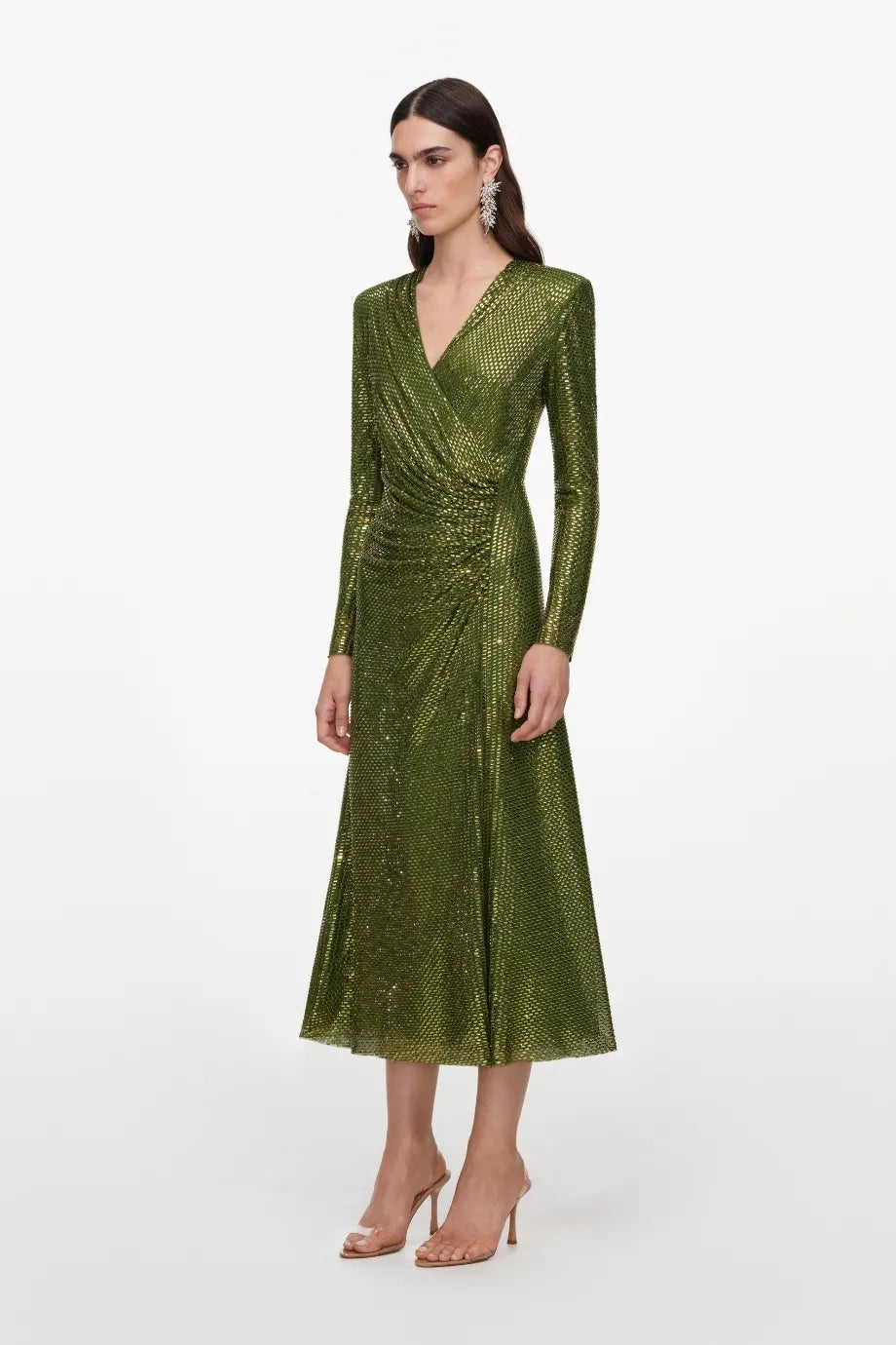 Rhinestones Mesh Wrap Evening Dress in Green