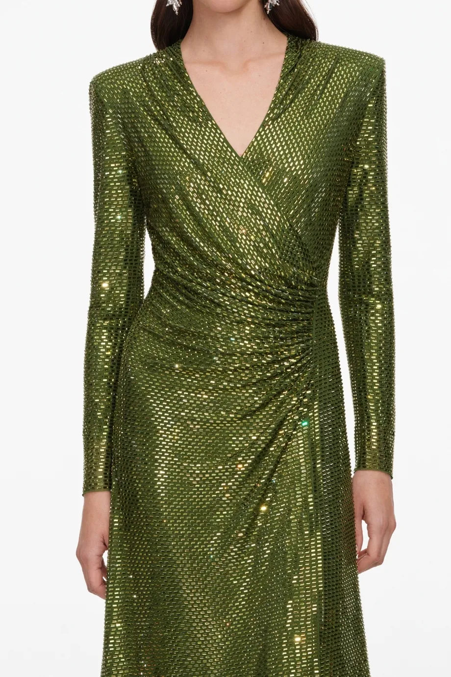 Rhinestones Mesh Wrap Evening Dress in Green