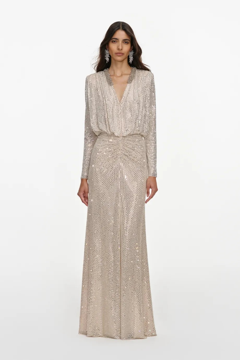 Collared Rhinestones Embellished Evening Dress in Cream