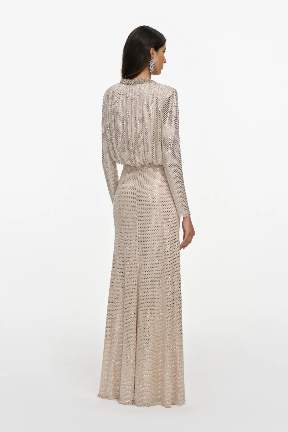Collared Rhinestones Embellished Evening Dress in Cream