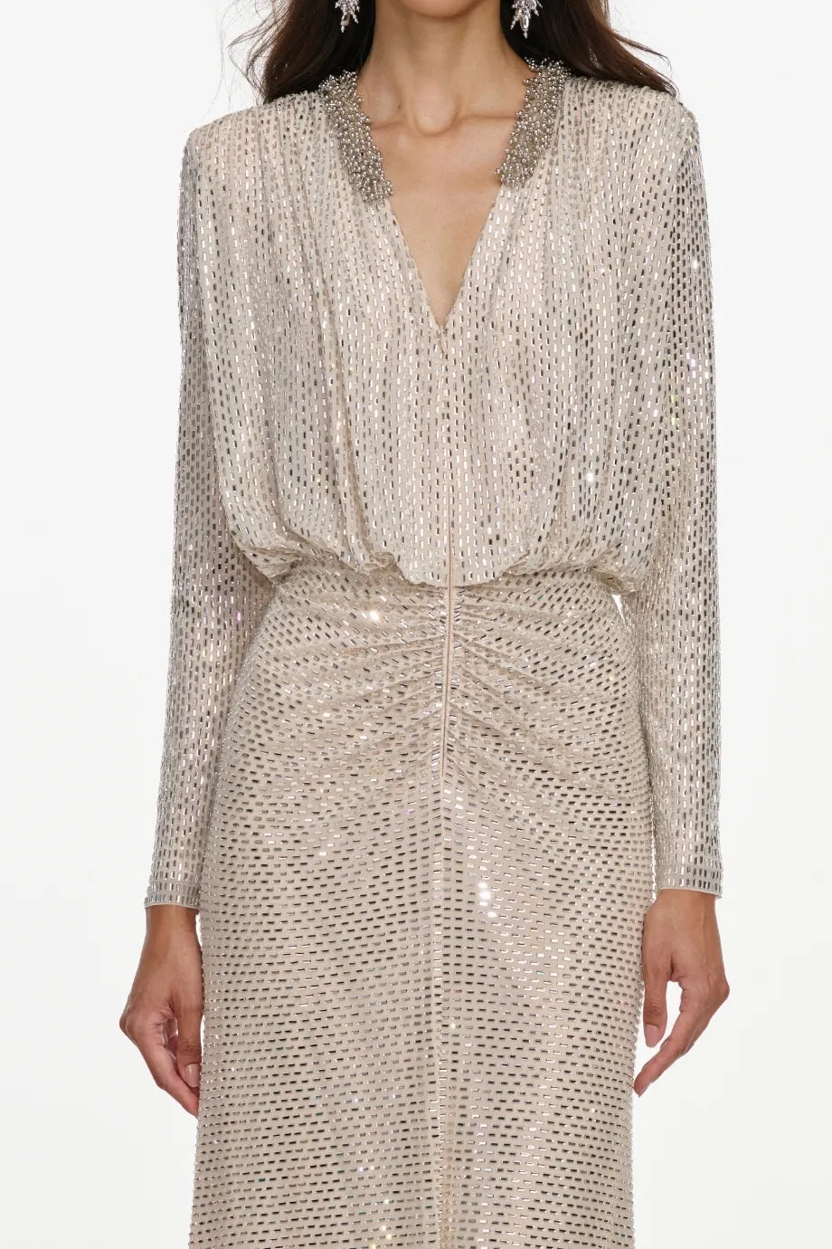 Collared Rhinestones Embellished Evening Dress in Cream