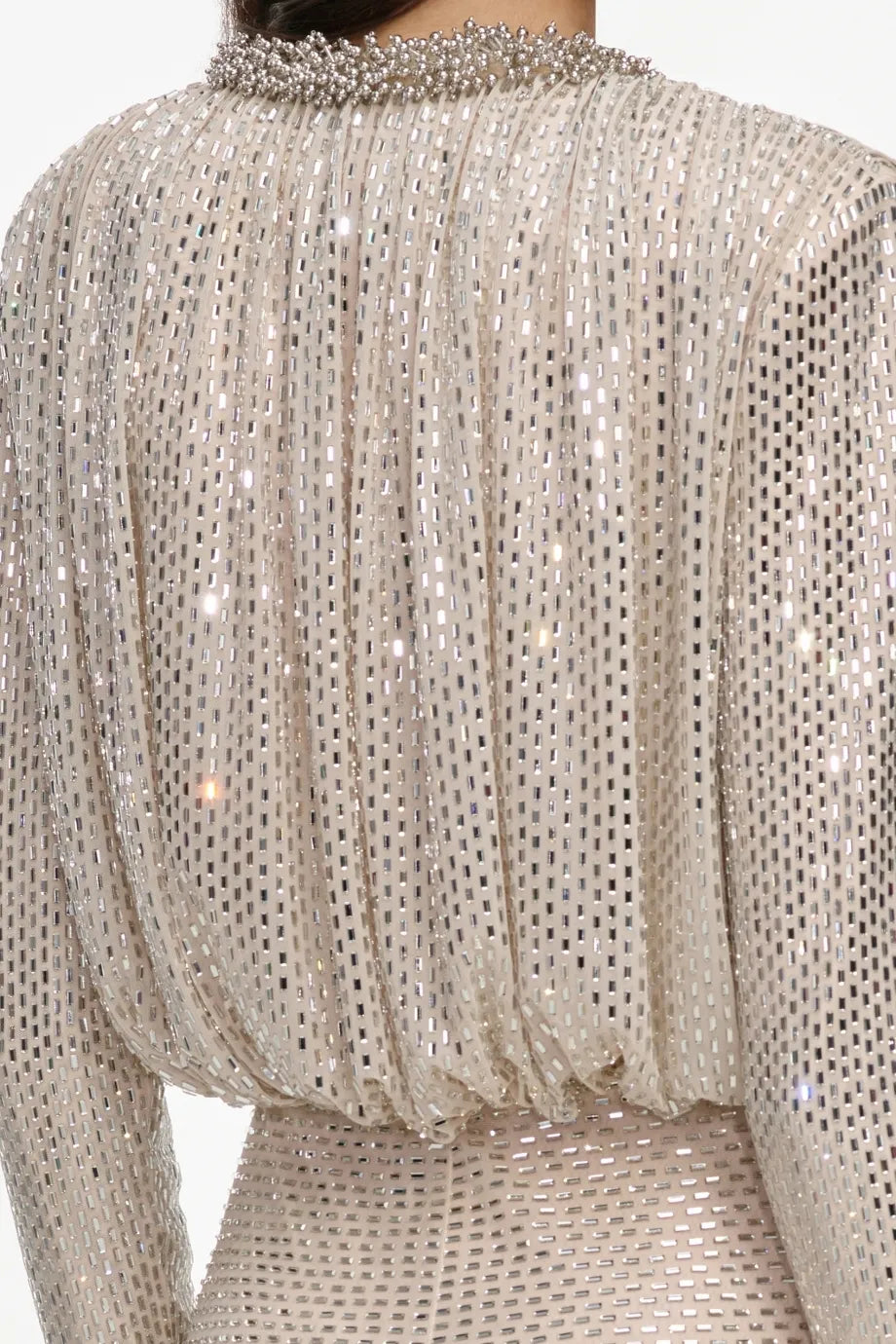 Collared Rhinestones Embellished Evening Dress in Cream