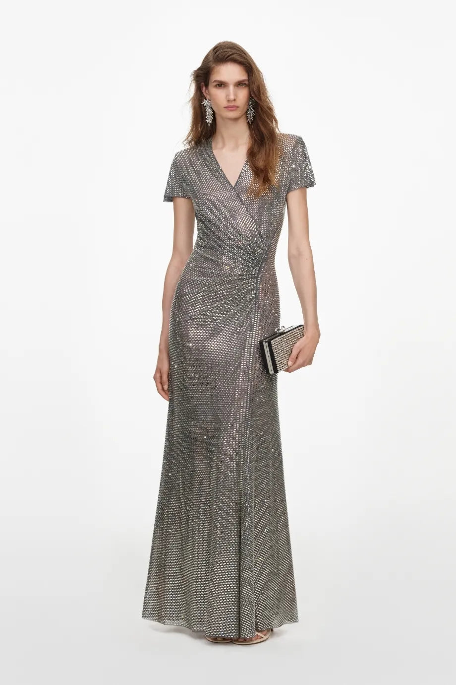 Rhinestones Mesh Wrap Evening Dress in Grey