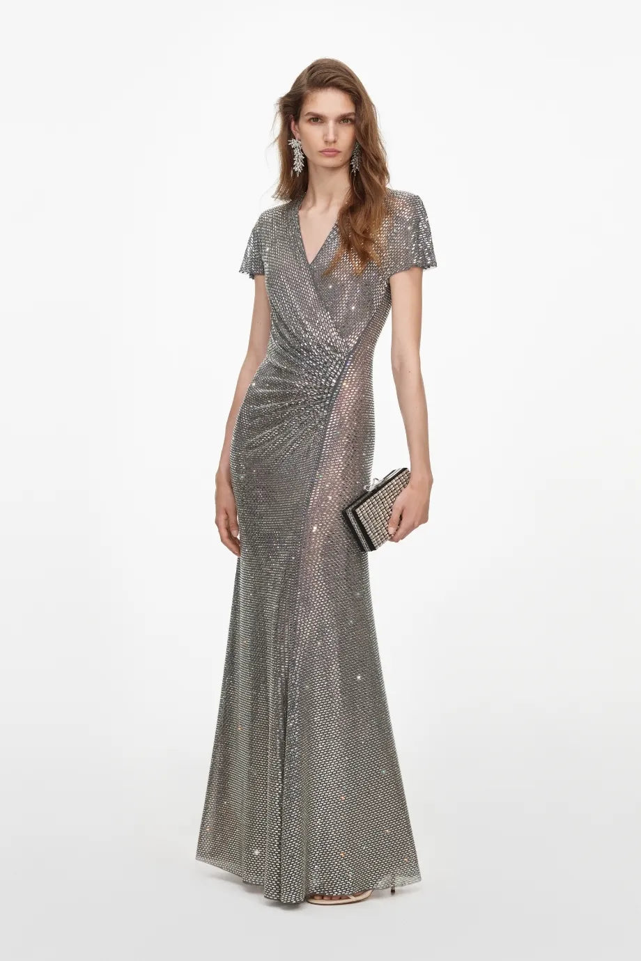 Rhinestones Mesh Wrap Evening Dress in Grey