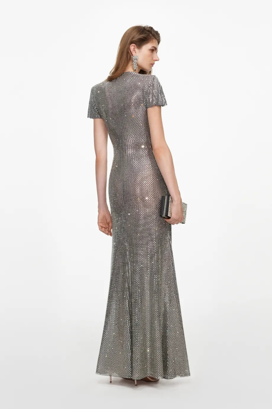 Rhinestones Mesh Wrap Evening Dress in Grey