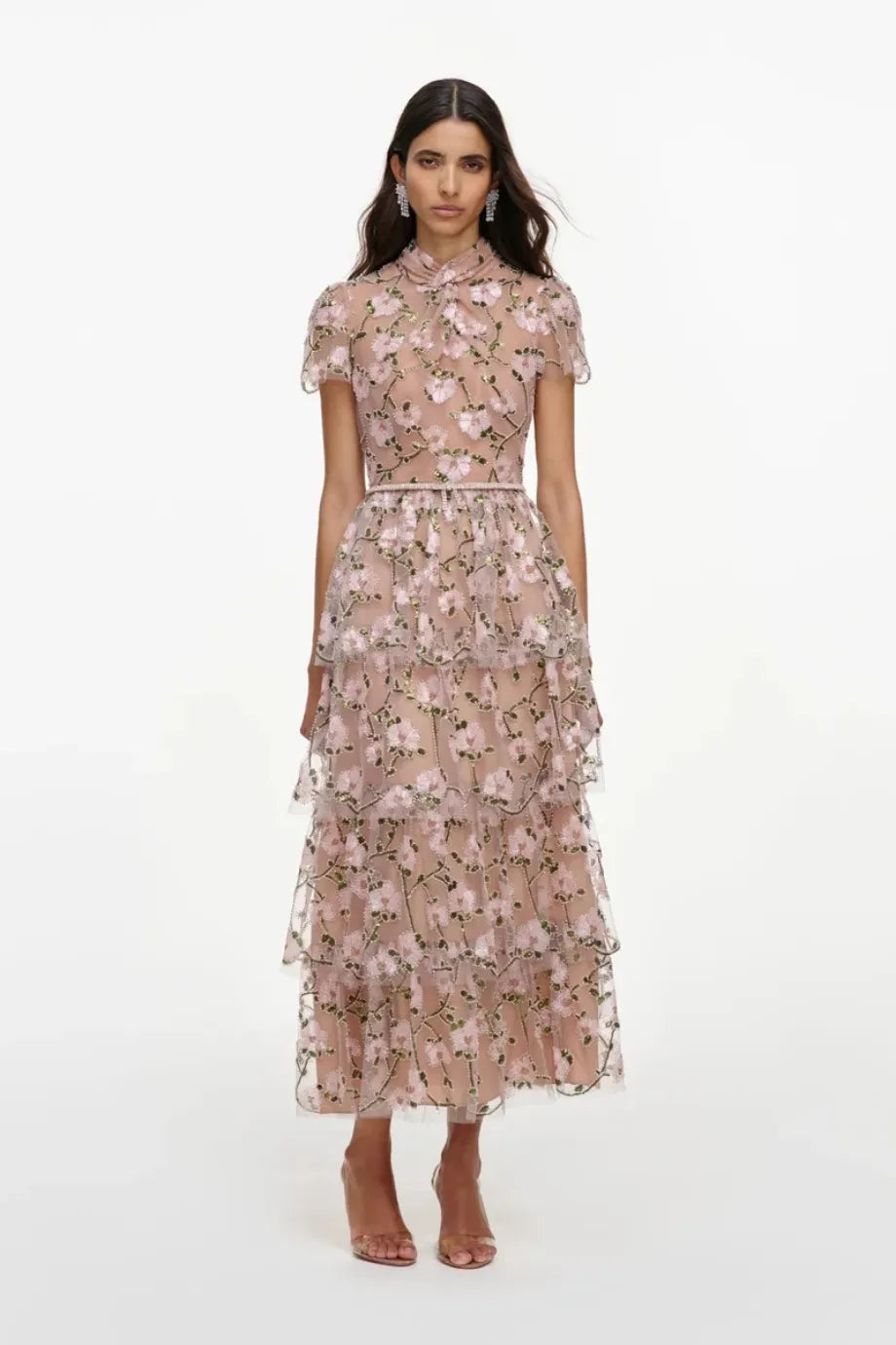 Floral Sequins Embellished Belted Tiered Midi Dress in Pink