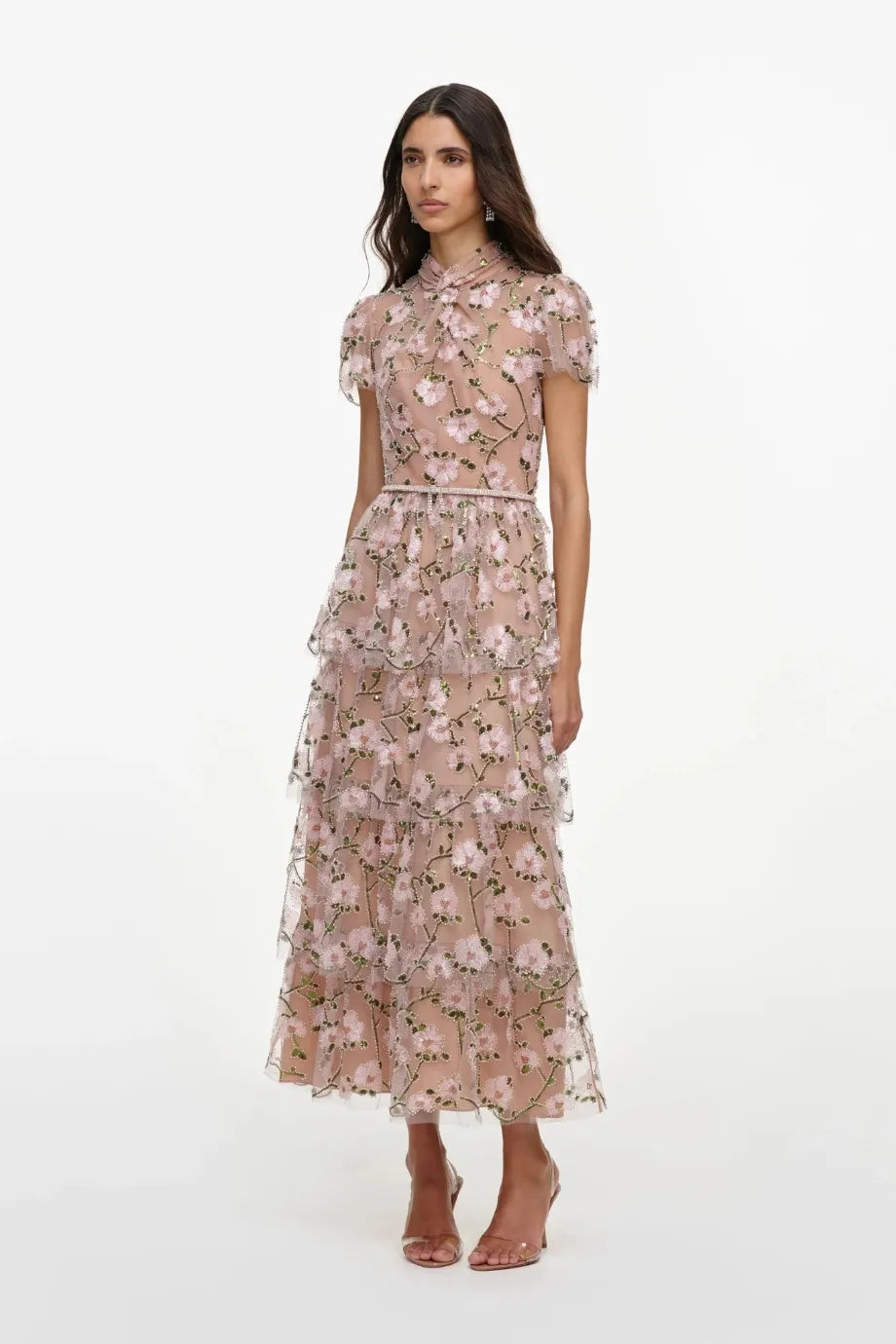 Floral Sequins Embellished Belted Tiered Midi Dress in Pink