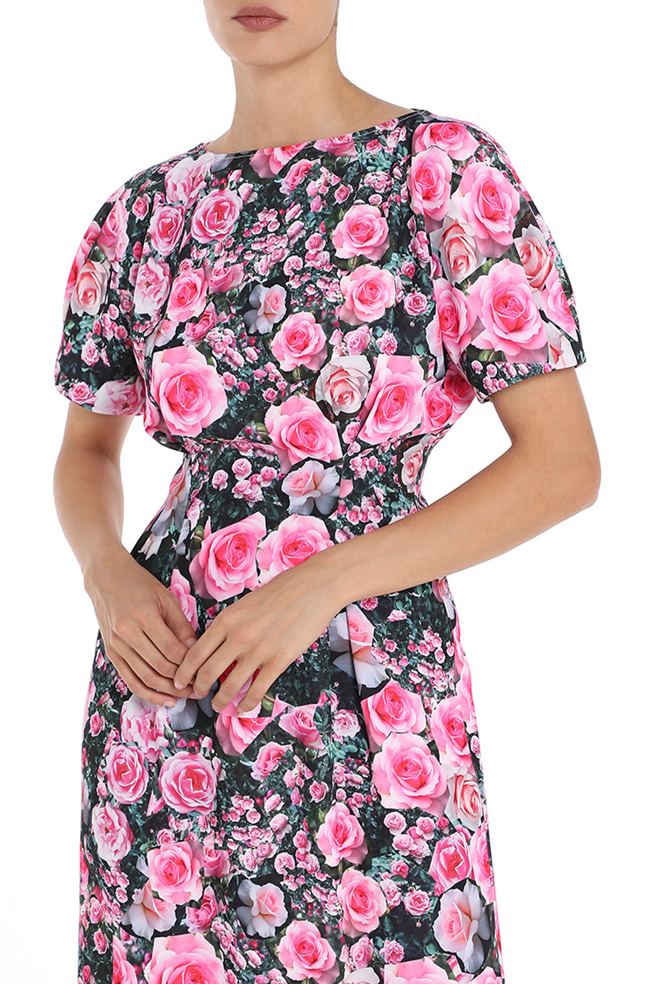 Christopher Kane The Rose Garden Midi Dress in Pink. Detail view. Shop from Etoile La Boutique.