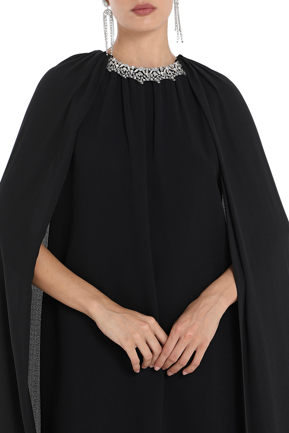 Embellished Trim Cape Gown