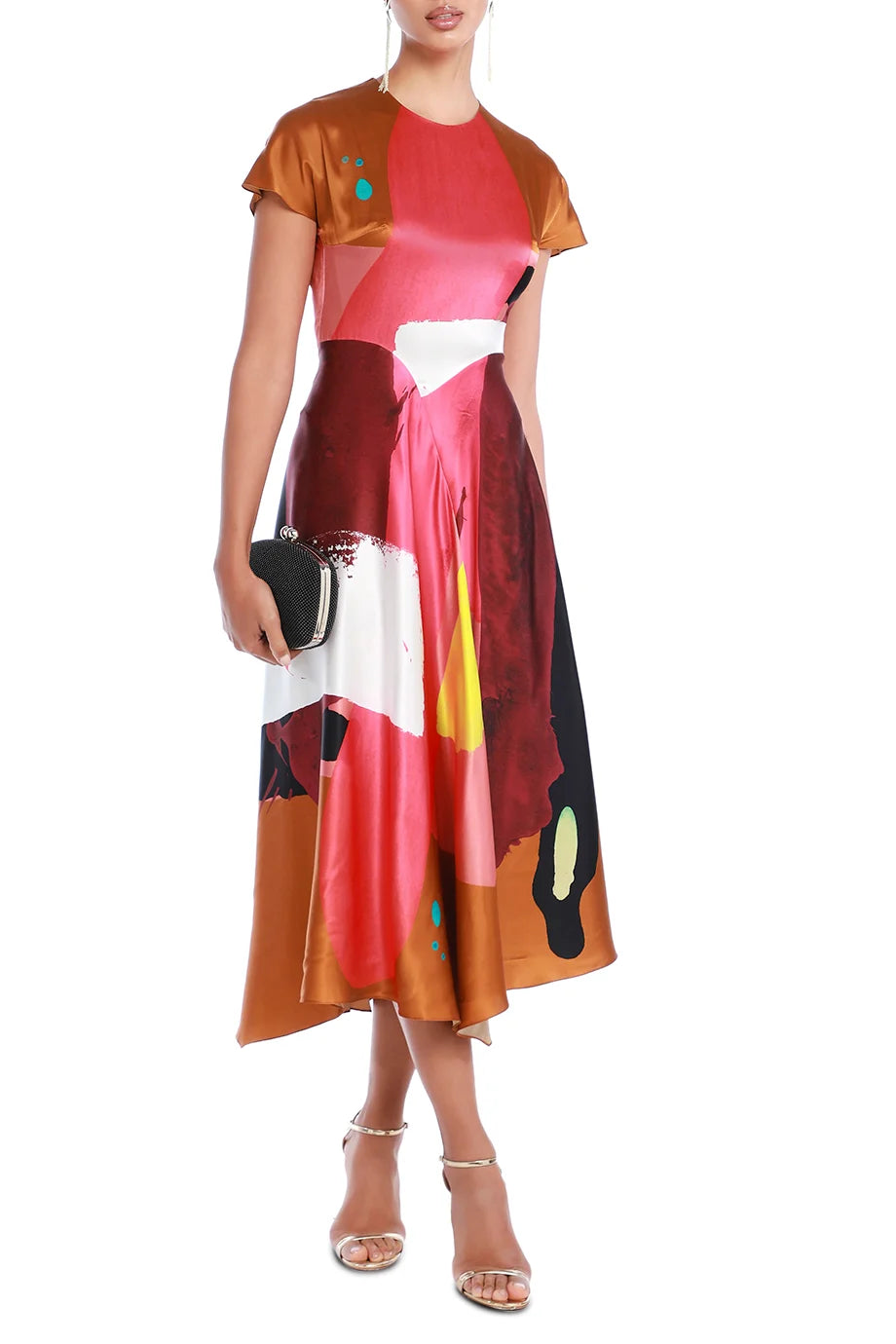 Abstract Print Silk Satin Midi Dress