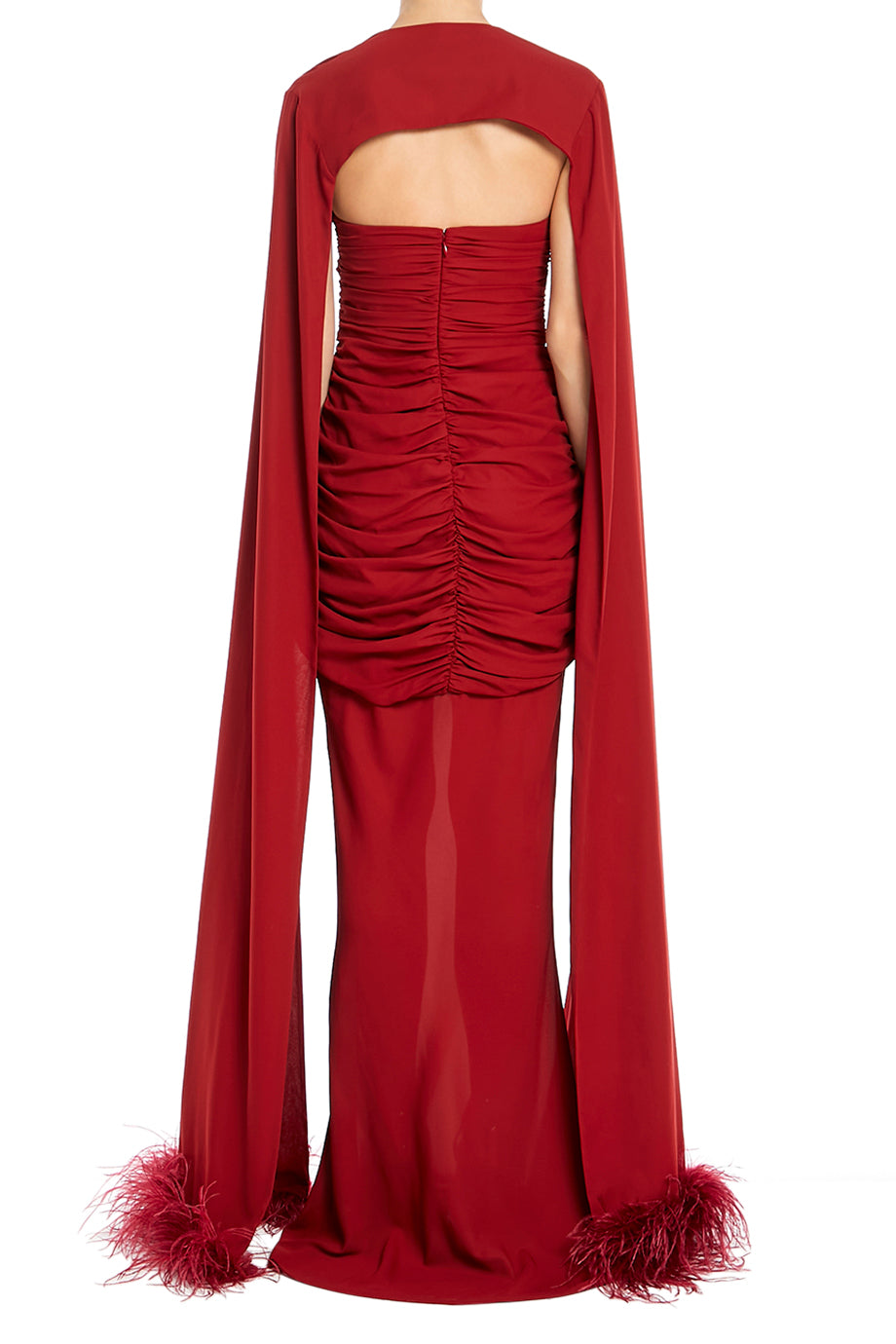 Strapless Maxi Dress With Feather Trim Cape